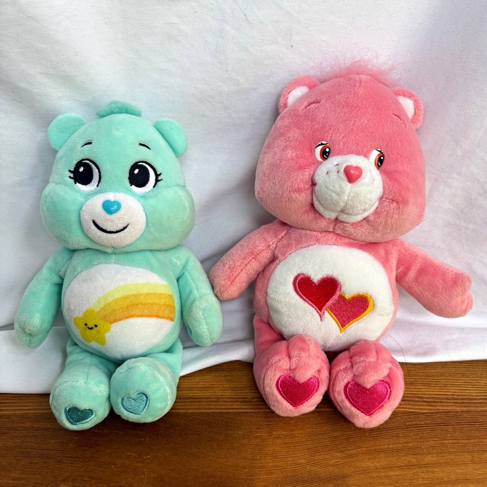 Care Bears Love-a-Lot Bear 2002 & Wish Bear 2021 Plush Pair 10" & 8"